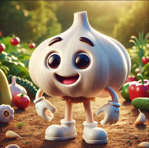 Knut Knoblauch, eine fröhliche kindgerechte Illustration einen Knoblauchs welcher Kindern erklärt wie vielfältig Knoblauch ist.