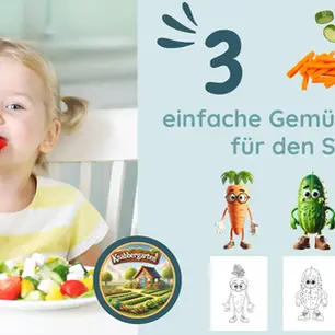 Kind isst Gemüse mit Karotte, Gurke und Paprika – 3 einfache Gemüsesorten für Kinder mit Figuren und Ausmalbildern