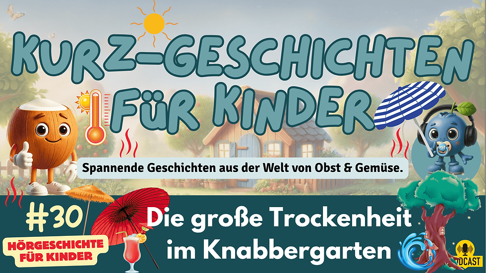 Kurzgeschichten für Kinder – Die große Trockenheit im Knabbergarten. Obst- und Gemüsefiguren erleben ein spannendes Abenteuer bei großer Hitze. Hörgeschichte für Kinder ab 4 Jahren.