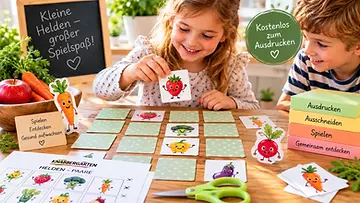 Kinder spielen ein Paar-Suchspiel mit Obst- und Gemüsehelden zum Ausdrucken
