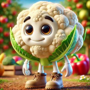 Blumi Blumenkohl, eine freundliche weibliche Blumenkohl-Figur aus dem Knabbergarten, kindgerecht illustriert und lachend – Gemüse für Kinder spielerisch erklärt