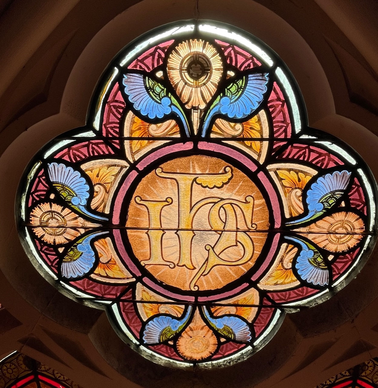 Antique Stained Glass IHS Window
