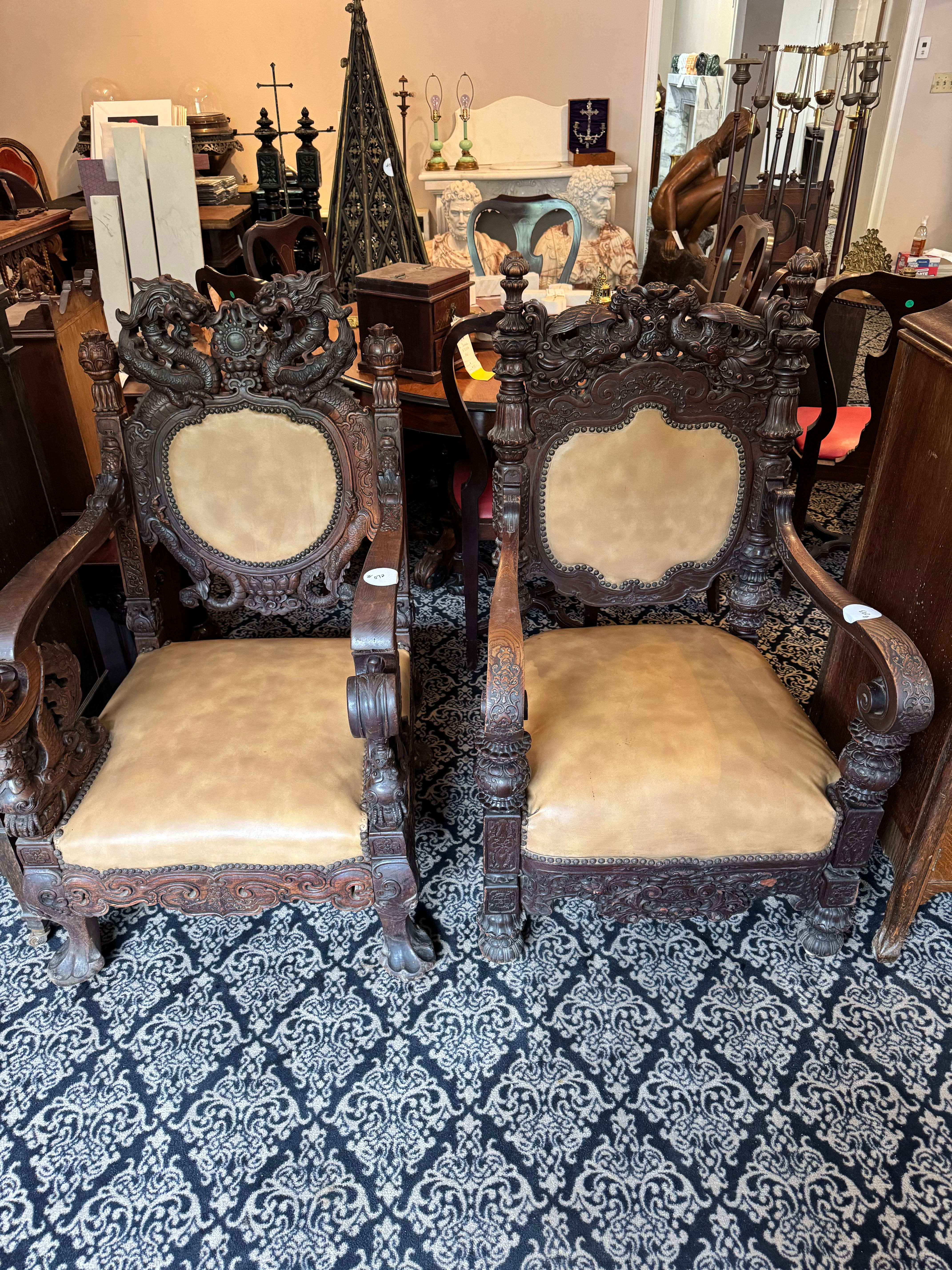 Heavy Carved Oak Antique American Arm Chairs