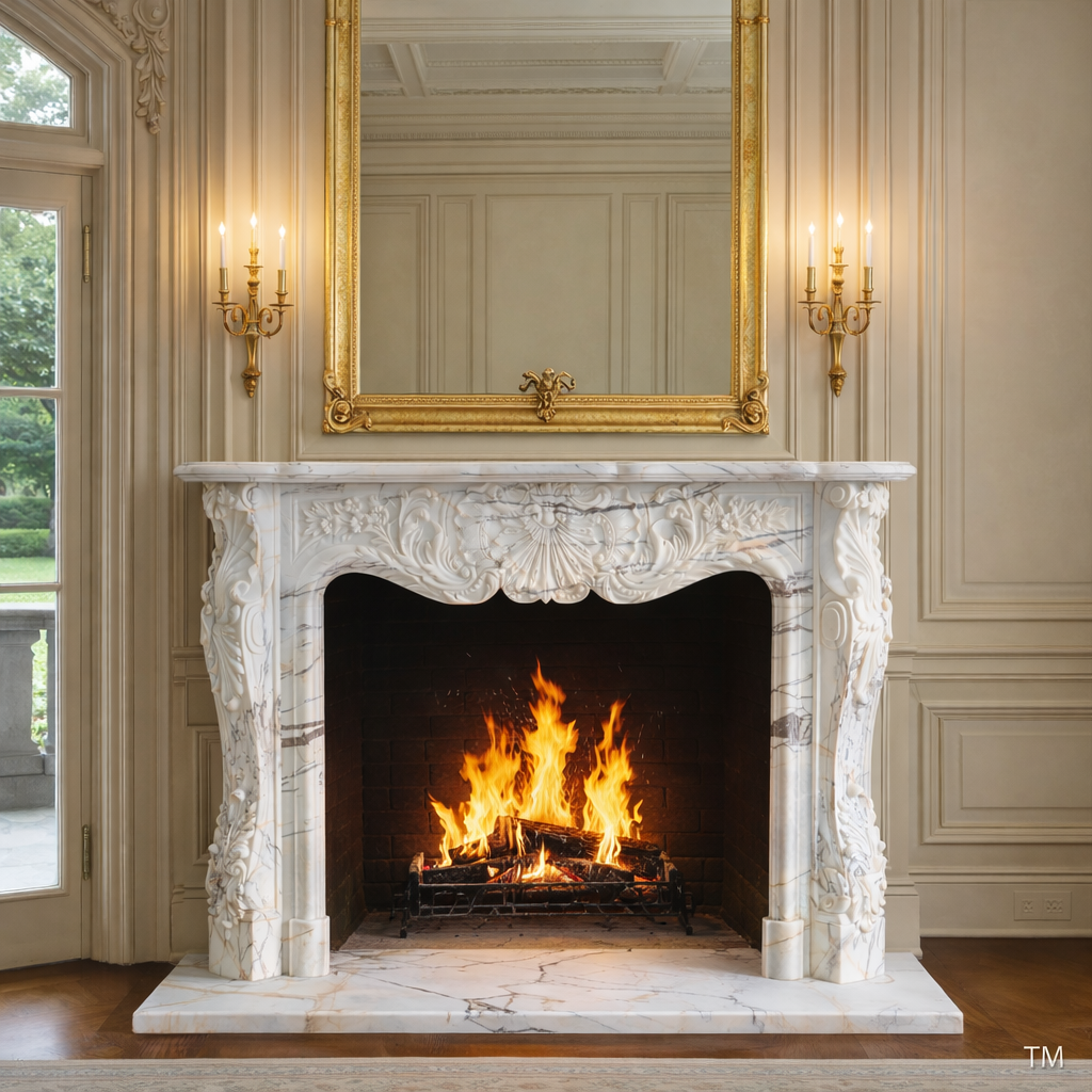 Carved  66"  Italian Marble European Style Fireplace Mantel