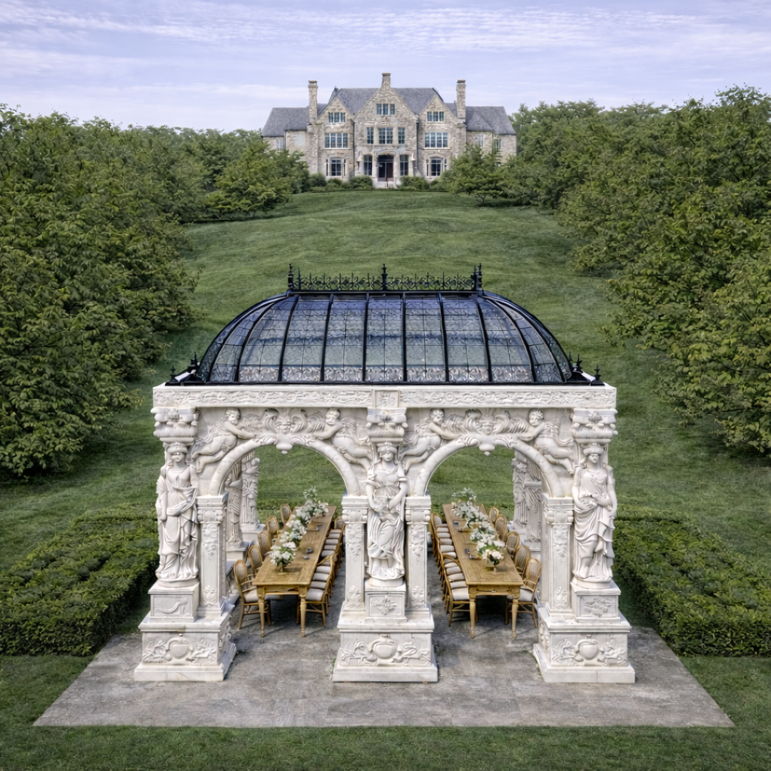 Monumental Carved Marble Figurative Estate Gazebo