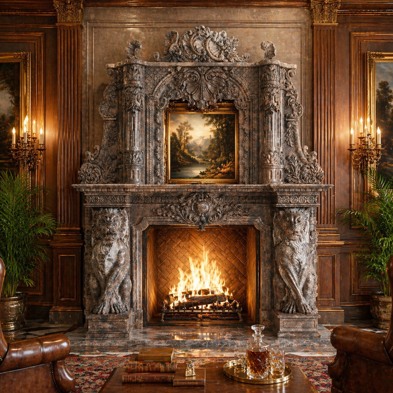 Monumental Marble Lion Fireplace Mantel