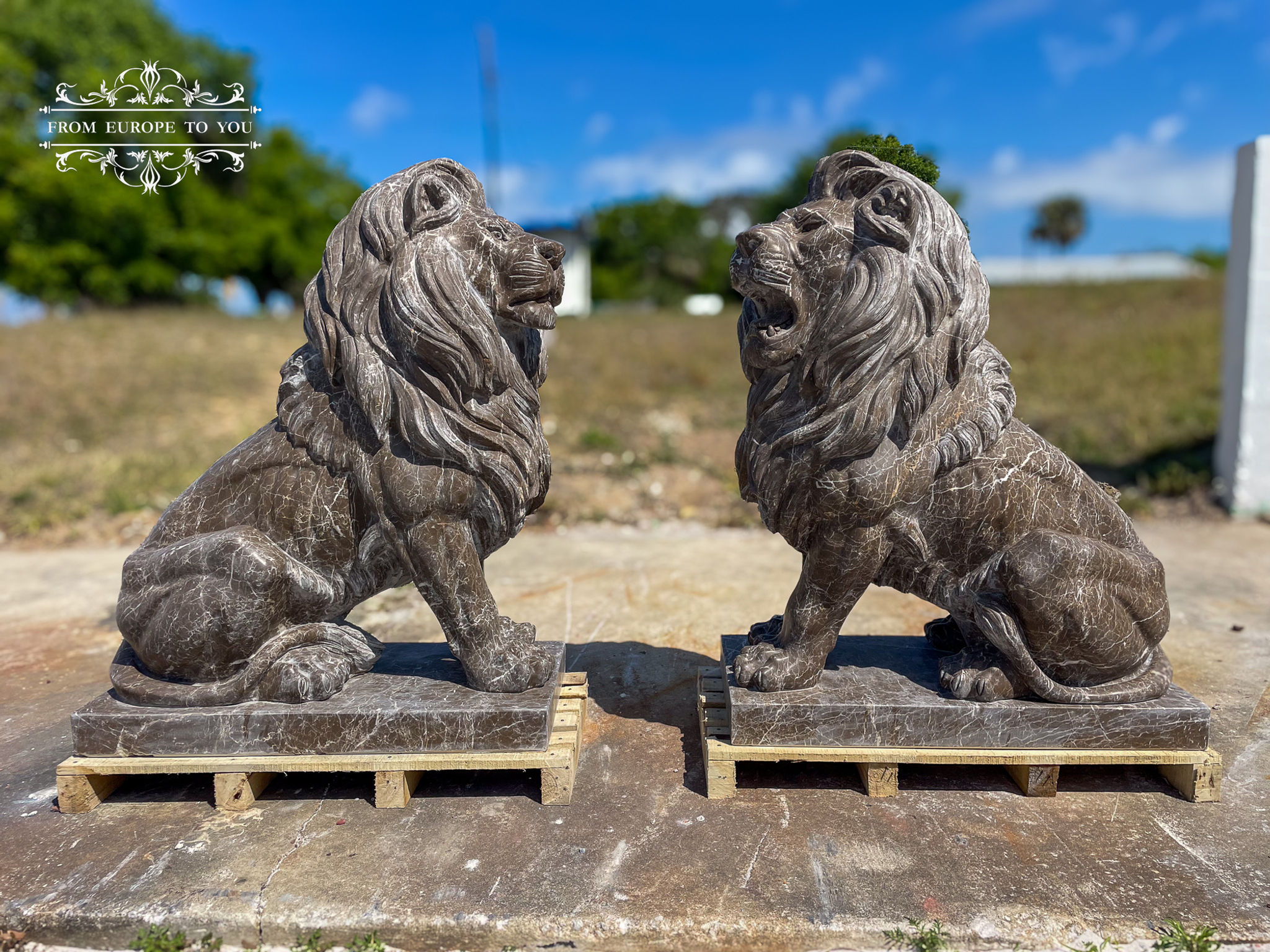 Carved Marble Seated Estate Lions