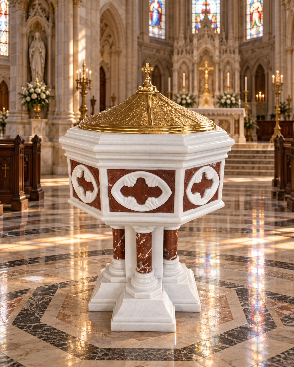 Carved Marble Church Religious Font with Lid