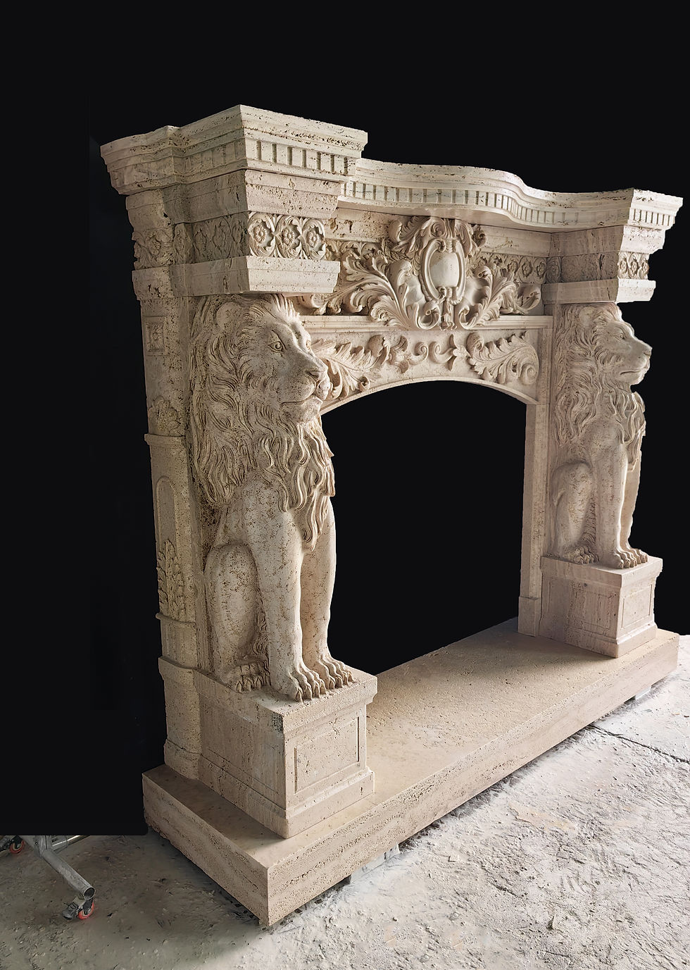 Thumbnail: Carved Travertine Stone Lion Fireplace Mantel