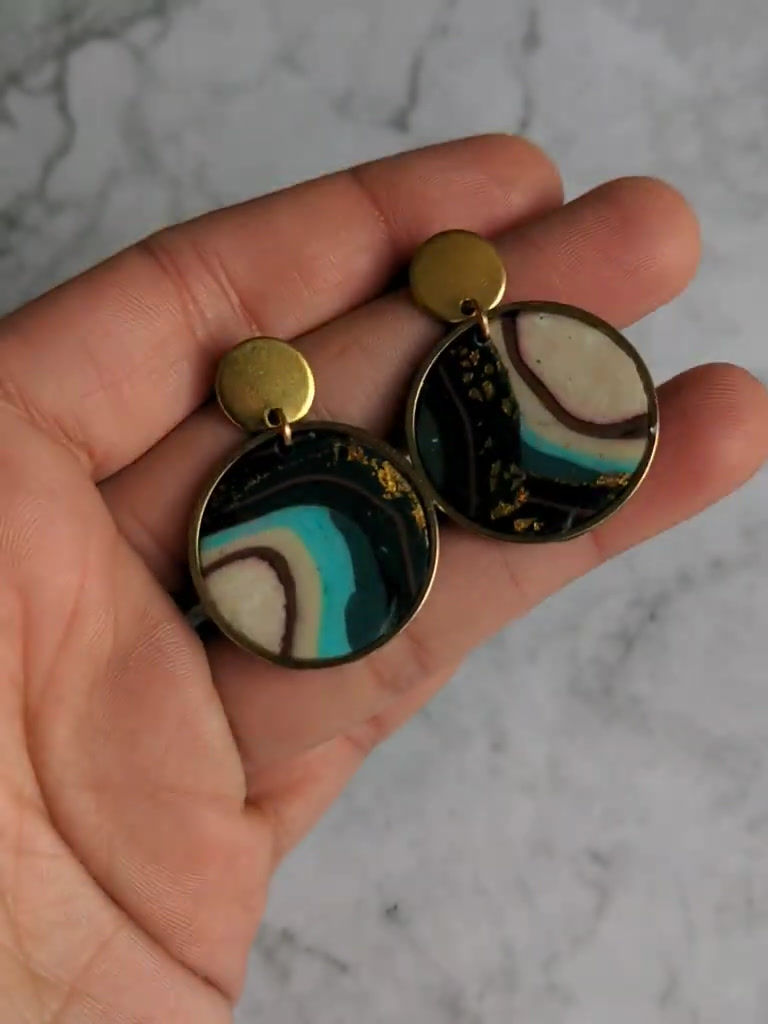 Thumbnail: Green Brown and Gold Marble Circle Earrings