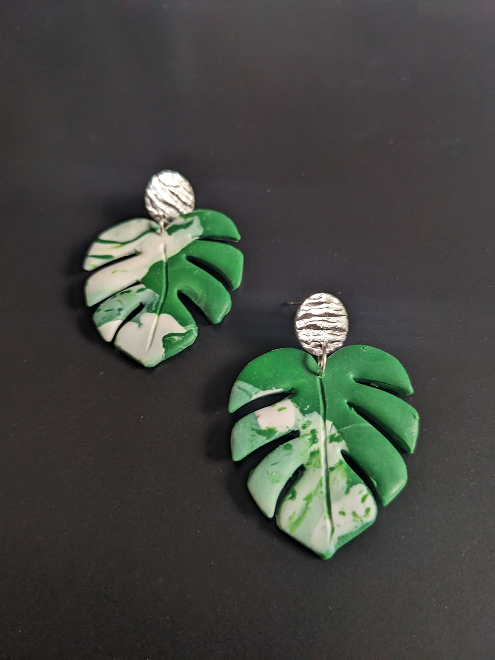 Thumbnail: Variegated Green and White Monstera Leaf Earrings
