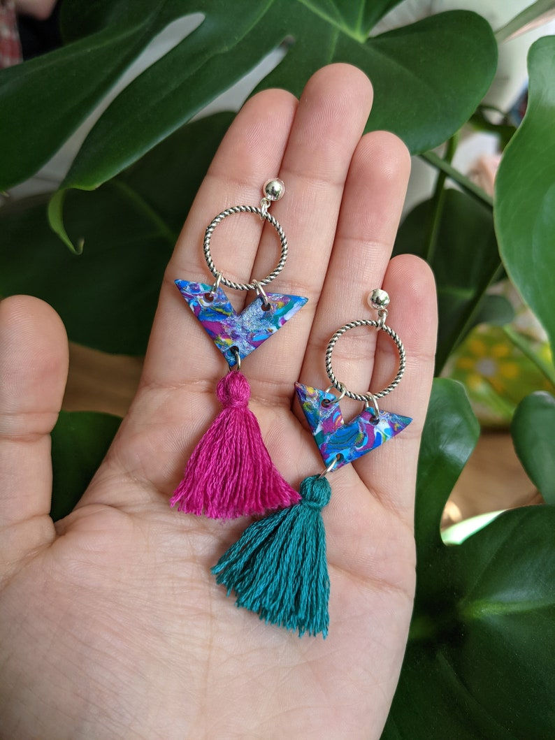 Thumbnail: V Shape Marble Tassel Earrings