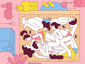 An illustration of a number of different bodies of various gender expressions lay intertwined on a bed in a typical bedroom.