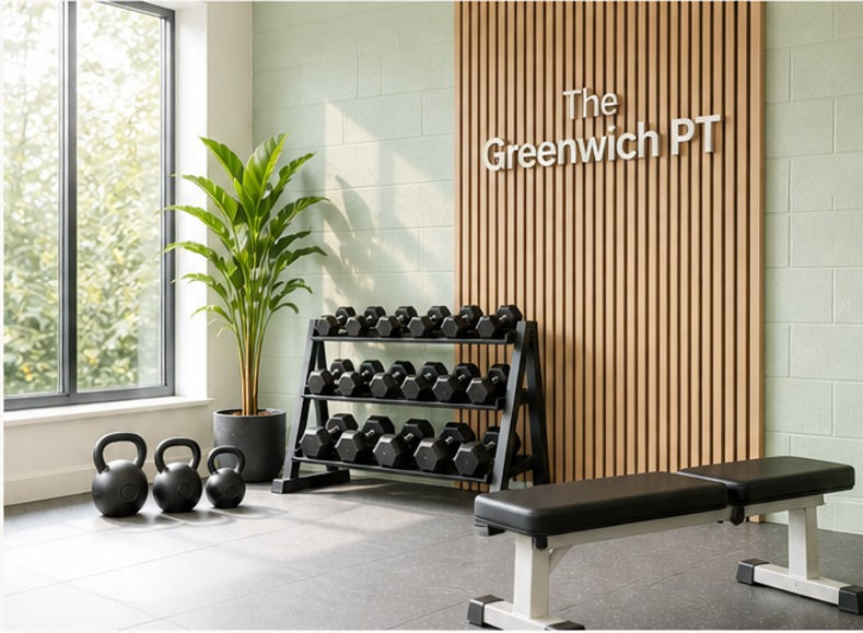 Dumbbells, kettlebells and a bench inside The Greenwich PT studio