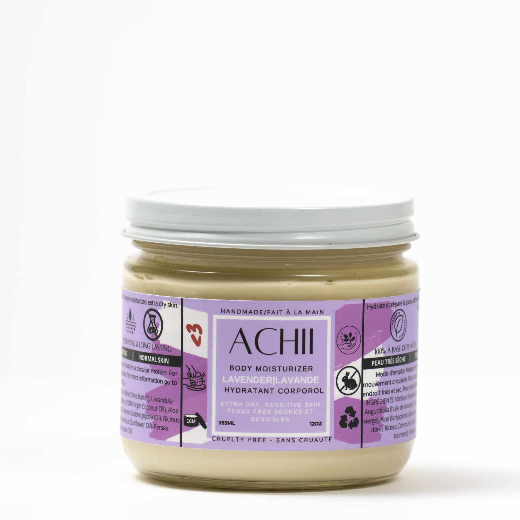 Achii Lavender Moisturizer in glass jar, organic lavender balm (6oz/12oz)