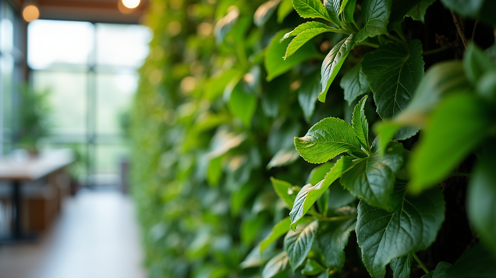 Close-up view of green plants on a vertical garden wall indoors