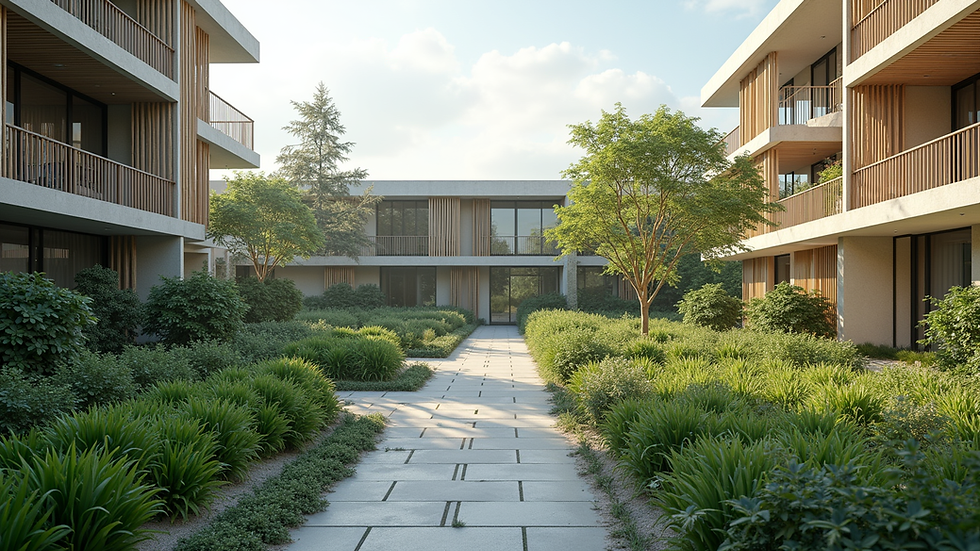 Wide angle view of a sustainable residential building with green landscaping
