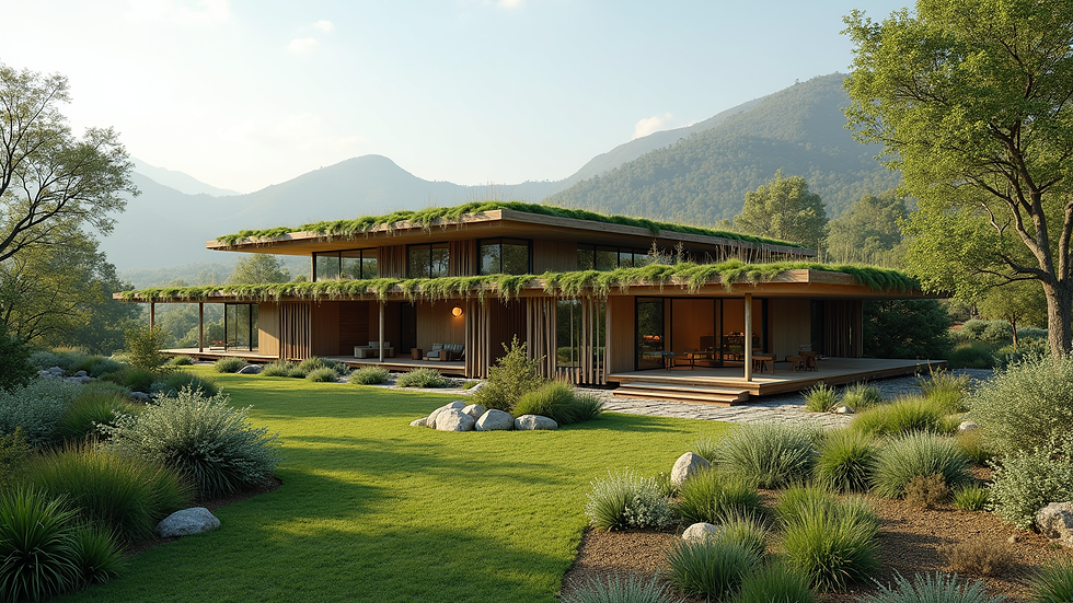 Wide angle view of sustainable home with green roof and native landscaping