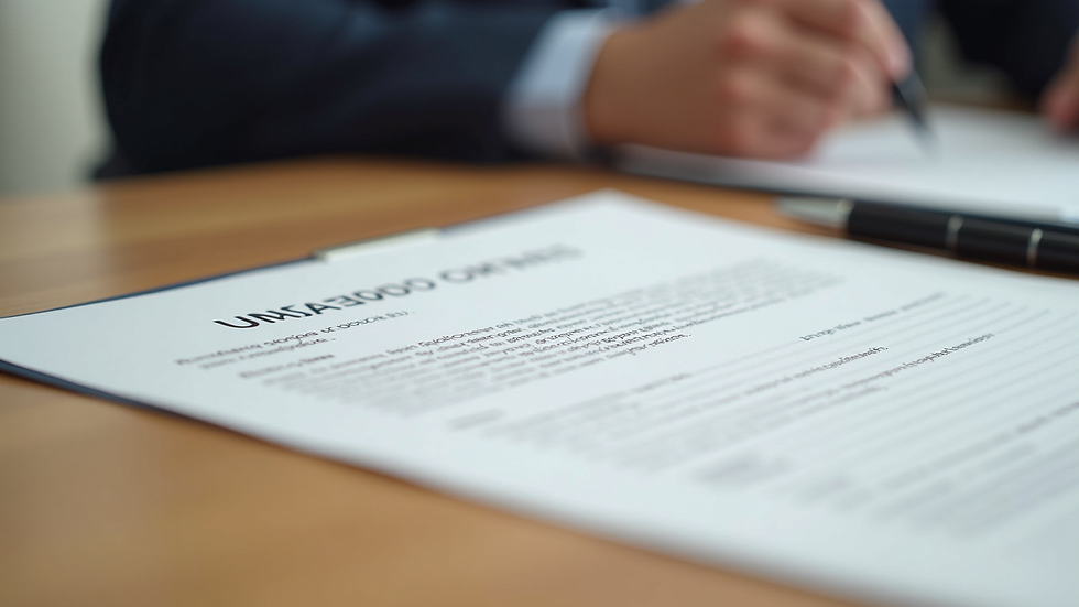 Close-up view of a contract document with a pen on a wooden table