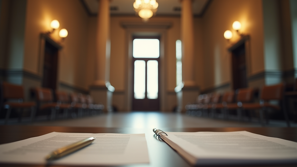 Eye-level view of a courthouse entrance with legal documents on a table