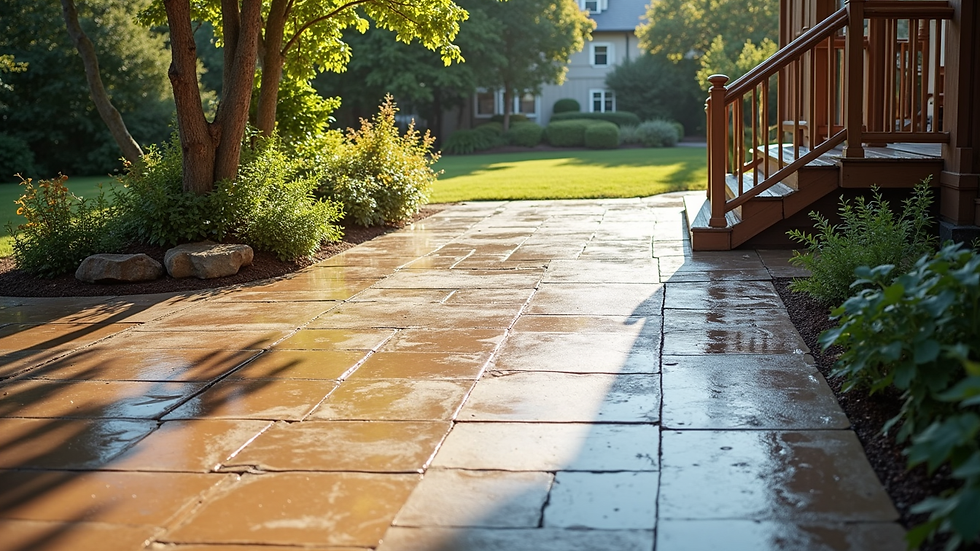 High angle view of a clean driveway and deck after professional pressure washing