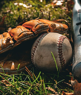 a baseball and baseball equipment, including a glove and a bat, resting on grass and falle