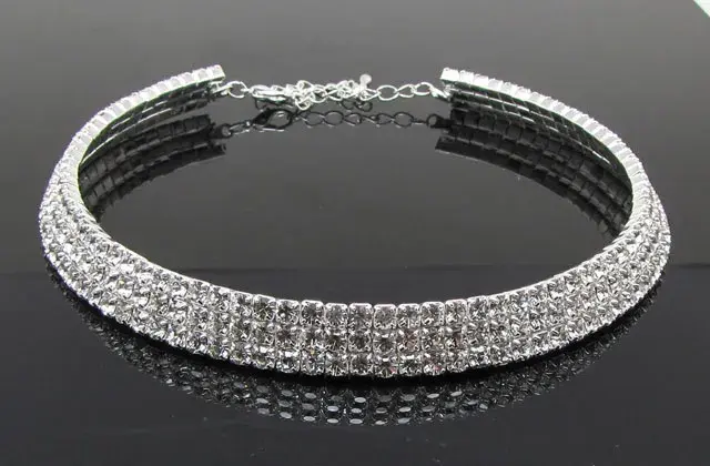 Thumbnail: Crystal Rhinestone Choker Necklace Silver Plated and Gold Color Bridal Wedding