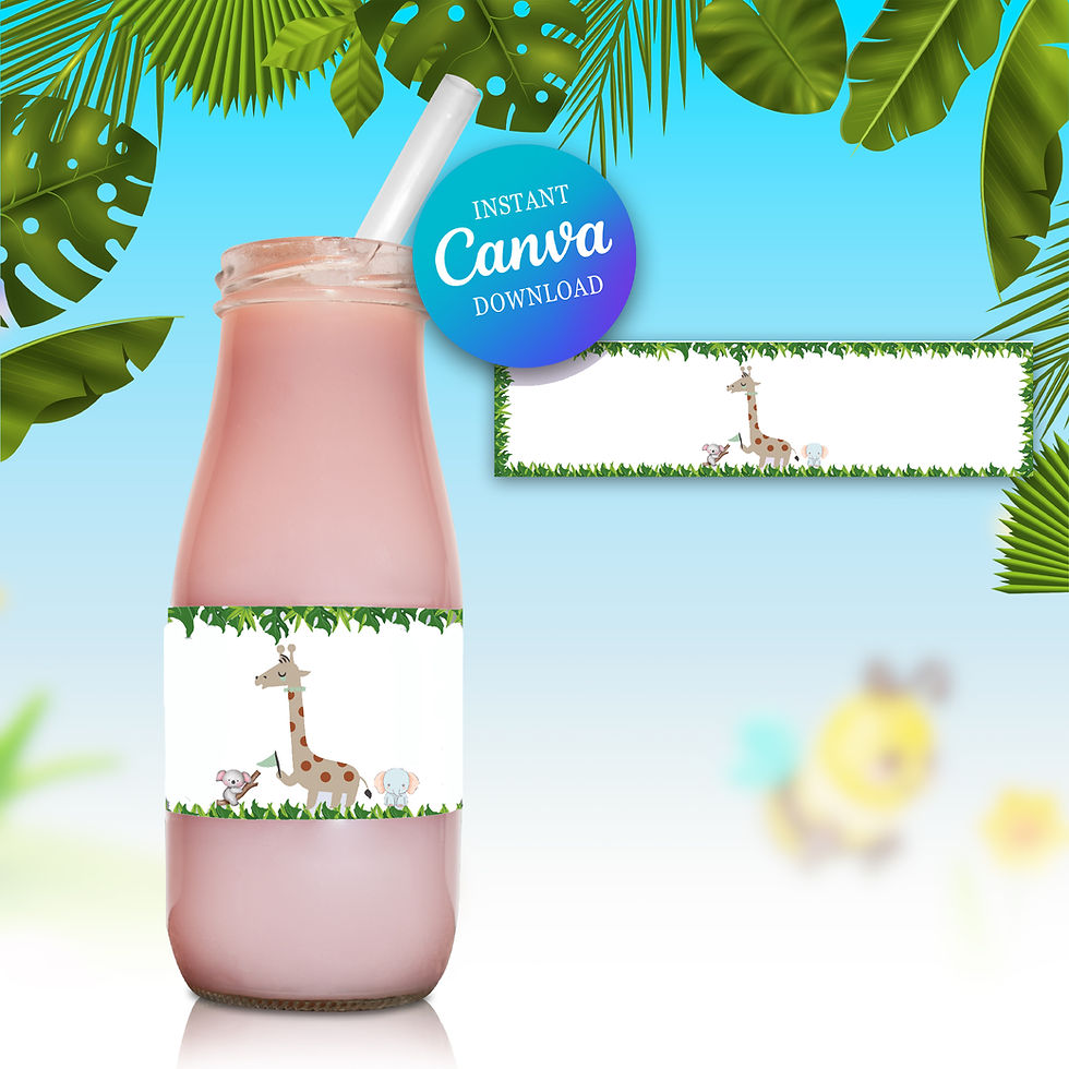 White Animal Safari Water Bottle Label Template - Instant Download & Print