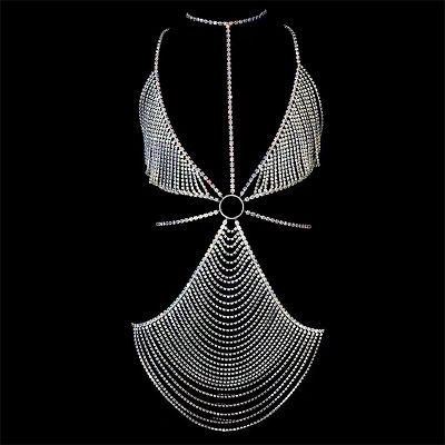 Thumbnail: Rhinestone Chain Body Lingerie Jumpsuit Crystal Bikini Bra Thong