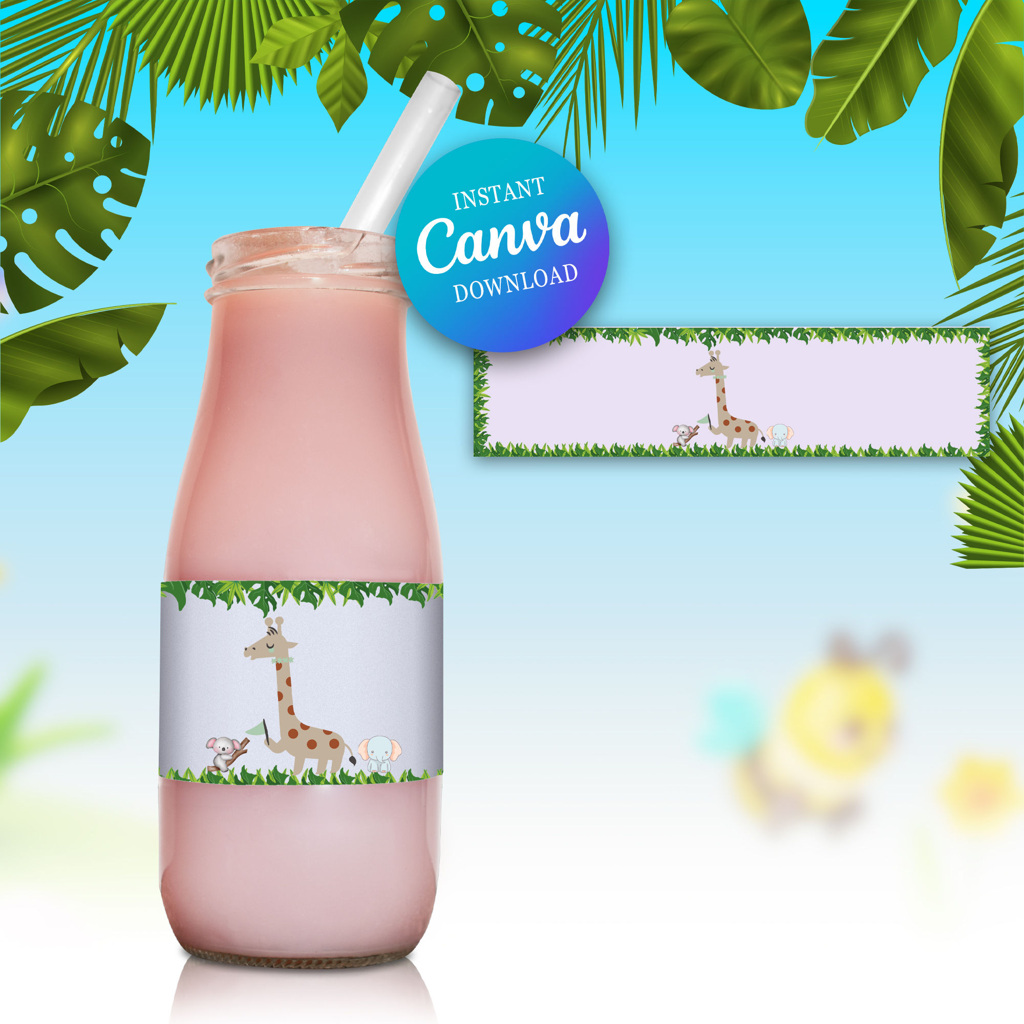 Pink Animal Safari Water Bottle Label Template - Instant Download & Print