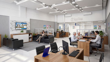 Interior do posto de atendimento da CREDCREA, em Jaraguá do Sul/SC. Projeto do DEGRAU – Estratégia em Arquitetura.