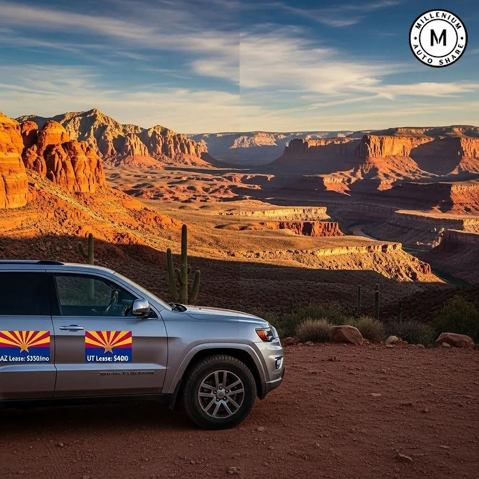 Scenic view of Arizona and Utah landscapes with a parked car
