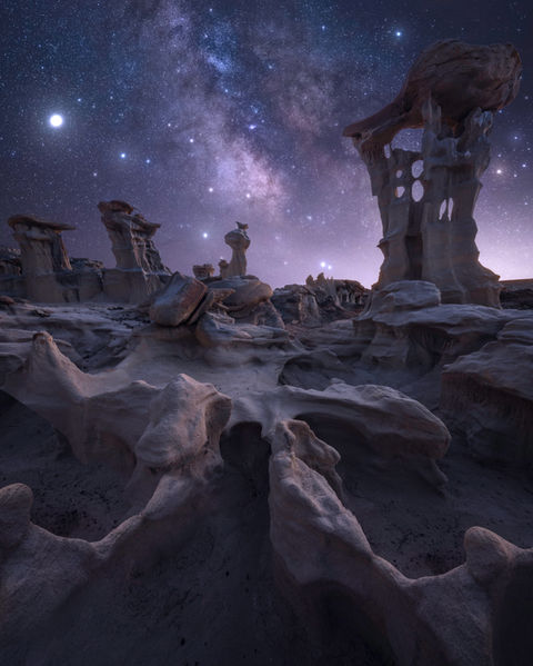 Hoodoos at night in New Mexico Bisti Badlands