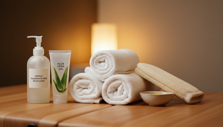 Close-up view of folded towels and soothing skincare products on a treatment table.