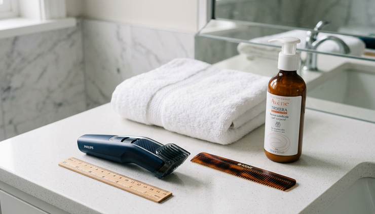 Close-up view of grooming tools and a small ruler on a bathroom counter