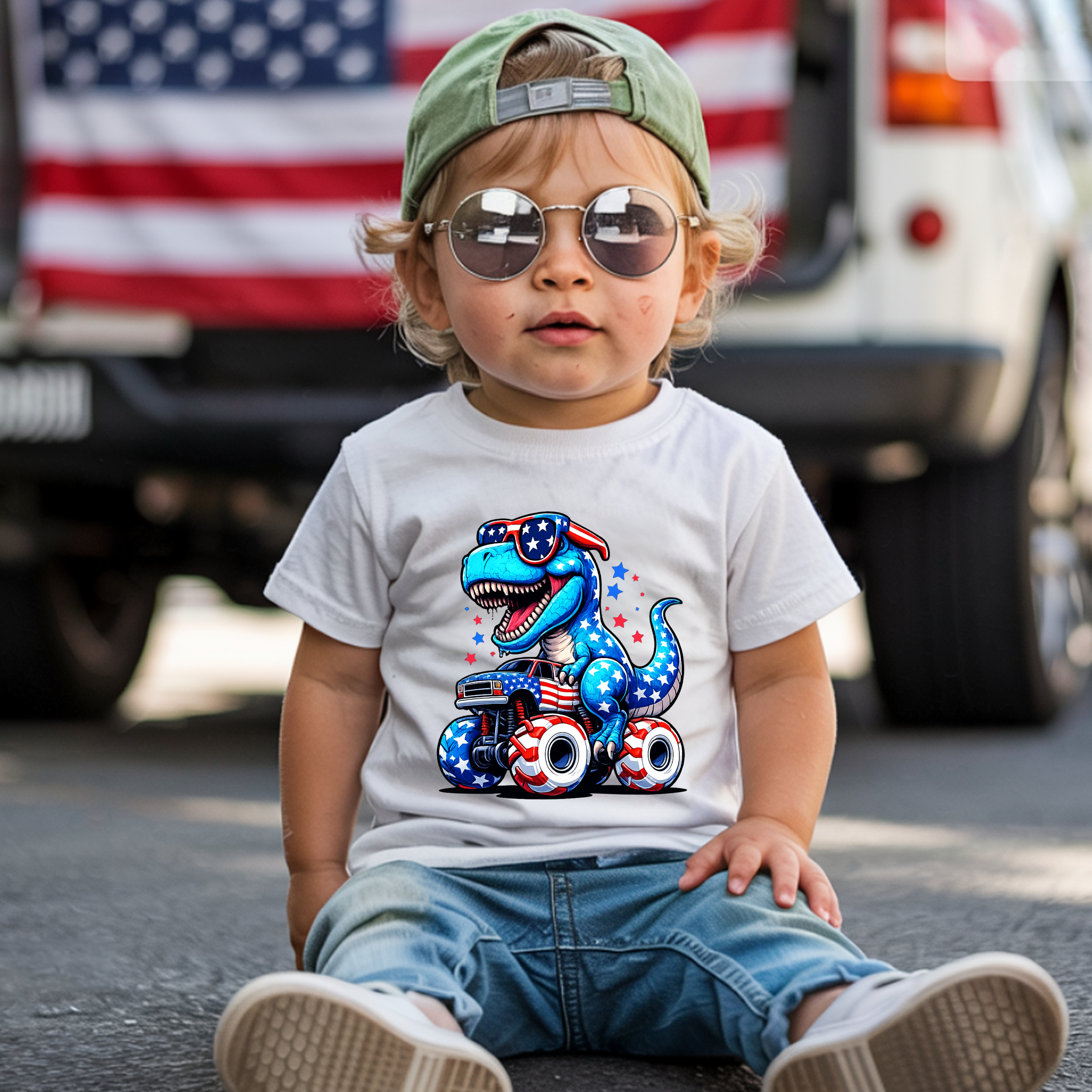 Patriotic Dinosaur Monster Truck Shirt | Kids 4th of July Tee