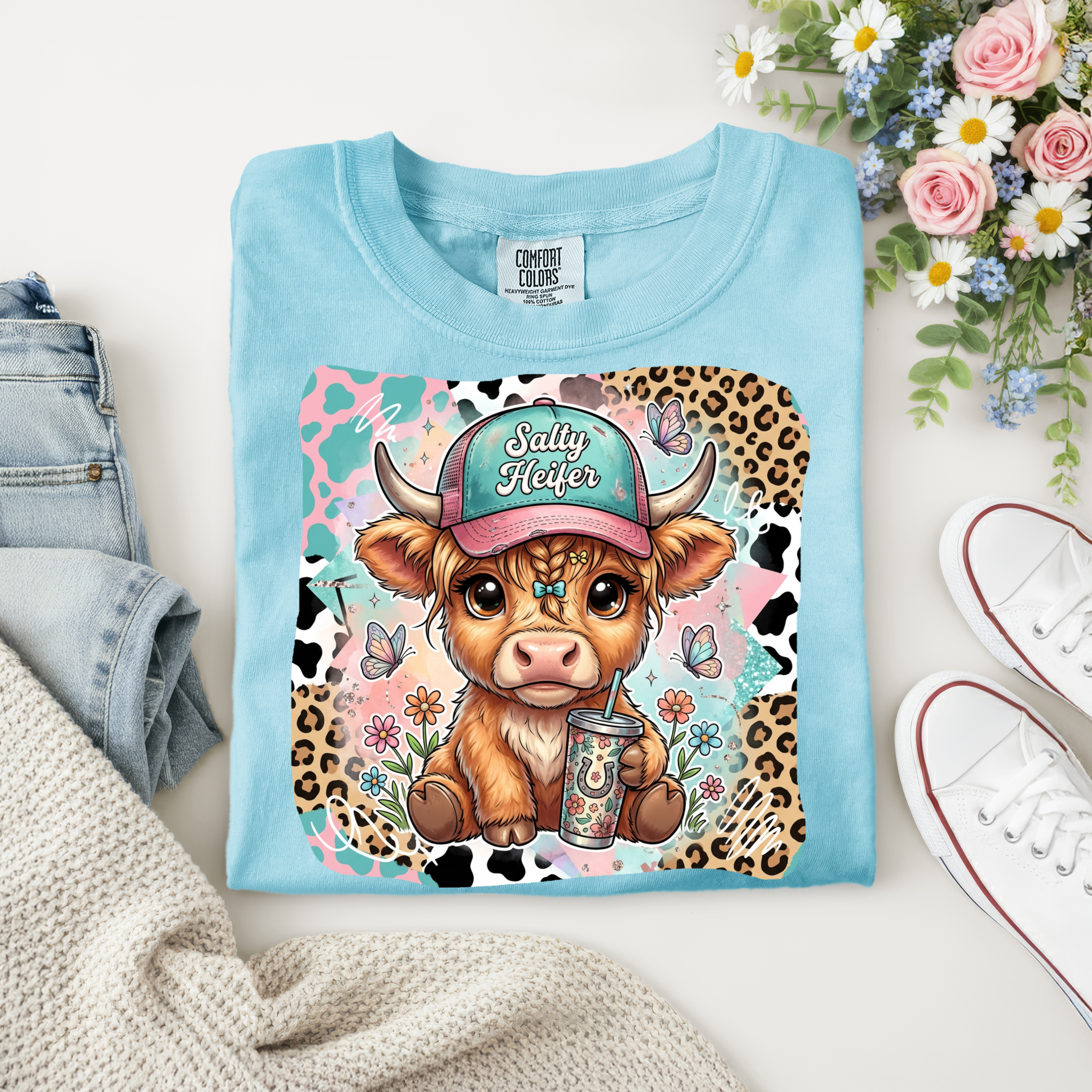 Salty Heifer Cow Design – Teal and Pink Leopard Print Farm Graphic
