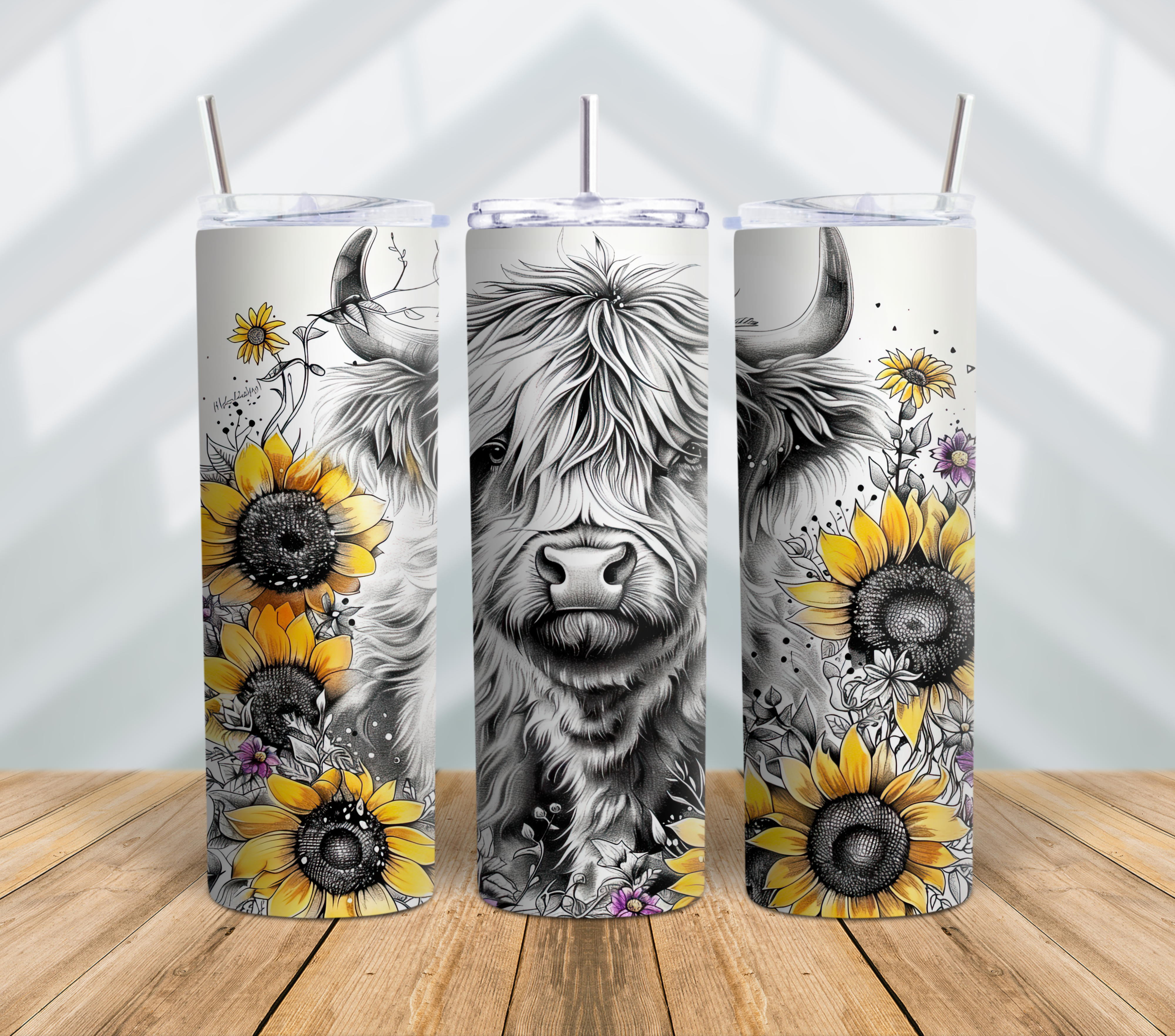 Highland Cow Sunflower Tumbler – Black & White Cow with Yellow Sunflowers