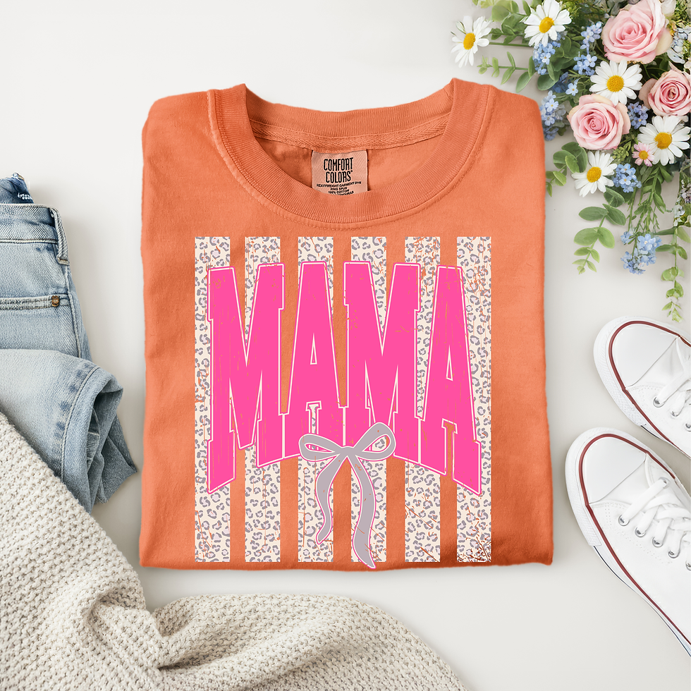 Trendy Mama Graphic Tee – Leopard Stripe Pink Bow Shirt | Cute Mom T-Shirt