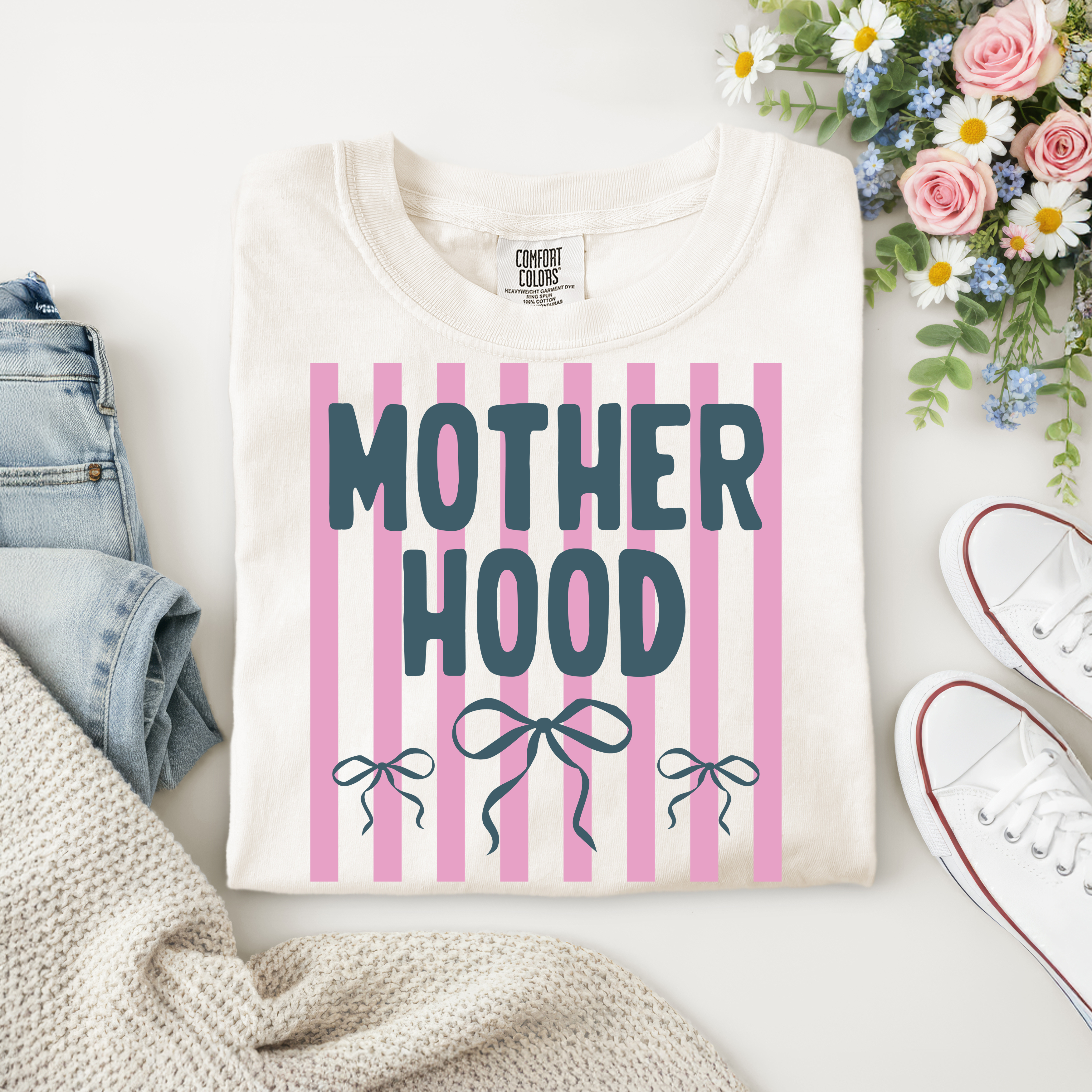 Motherhood Bow Shirt – Cute Mom Life Tee – Comfort Colors Mom Graphic Tee