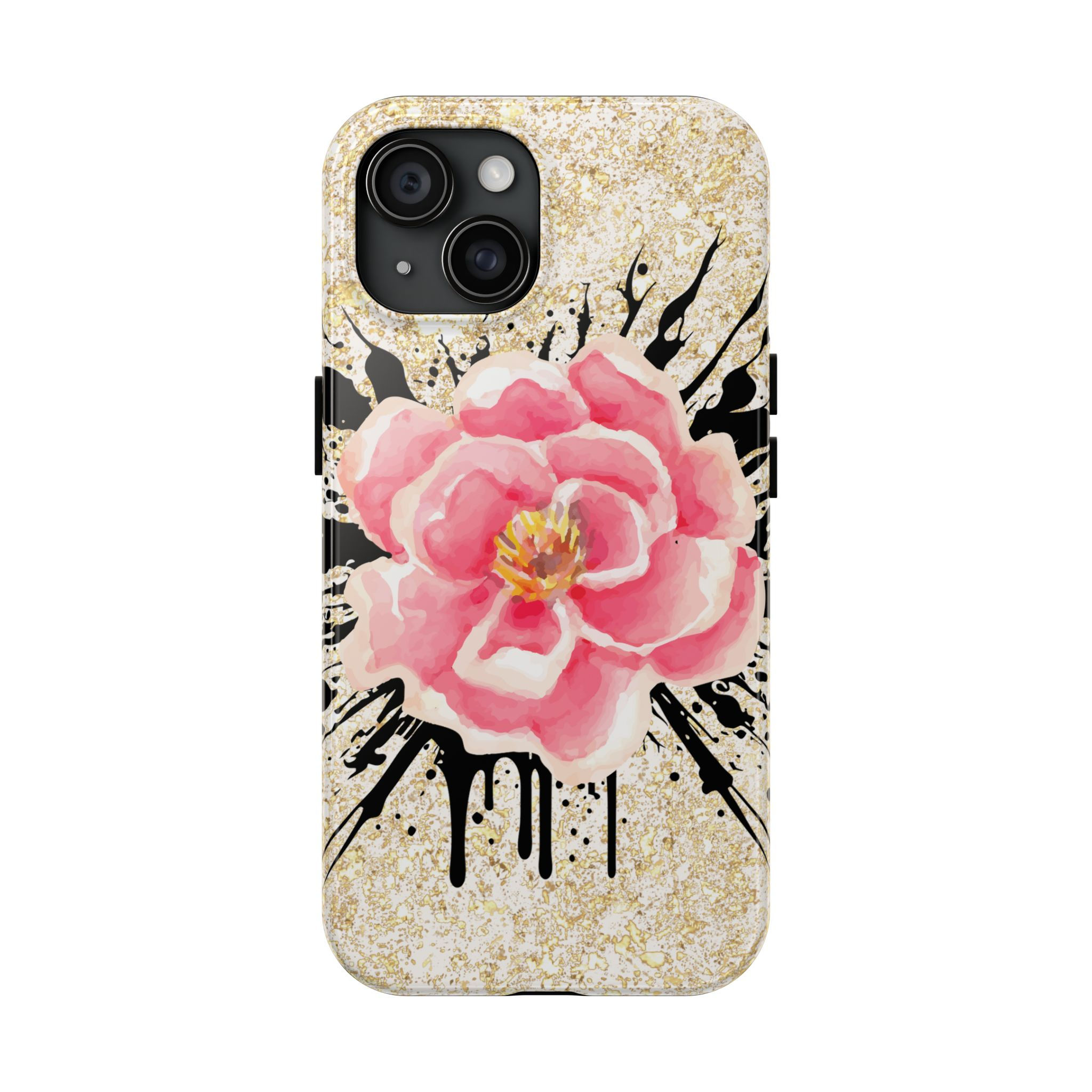 Floral Splash Tough Phone Case — Pink Watercolor Rose on Gold Glitter