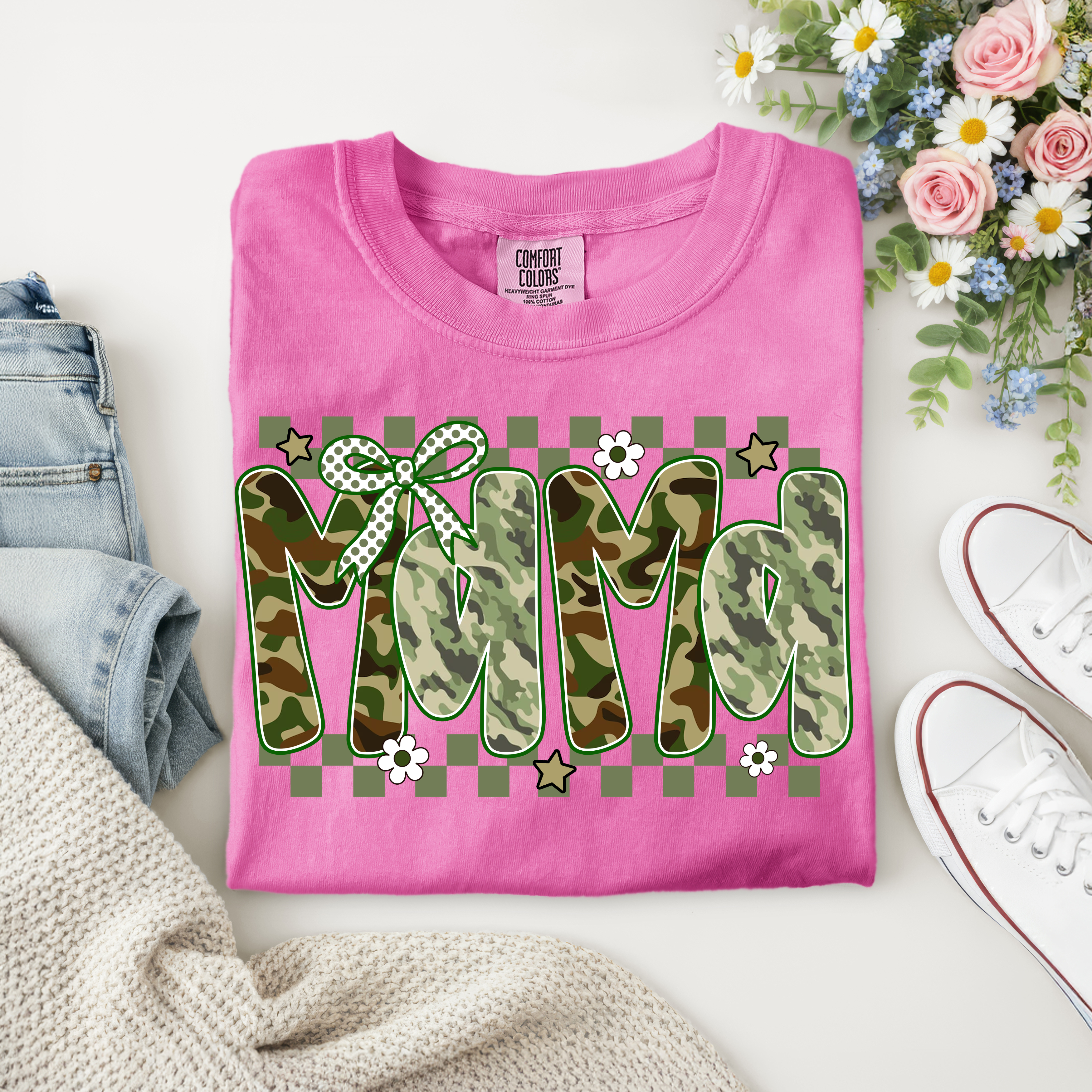 Camo MAMA Shirt – Green Polka Dot Bow & Floral & Star Accents