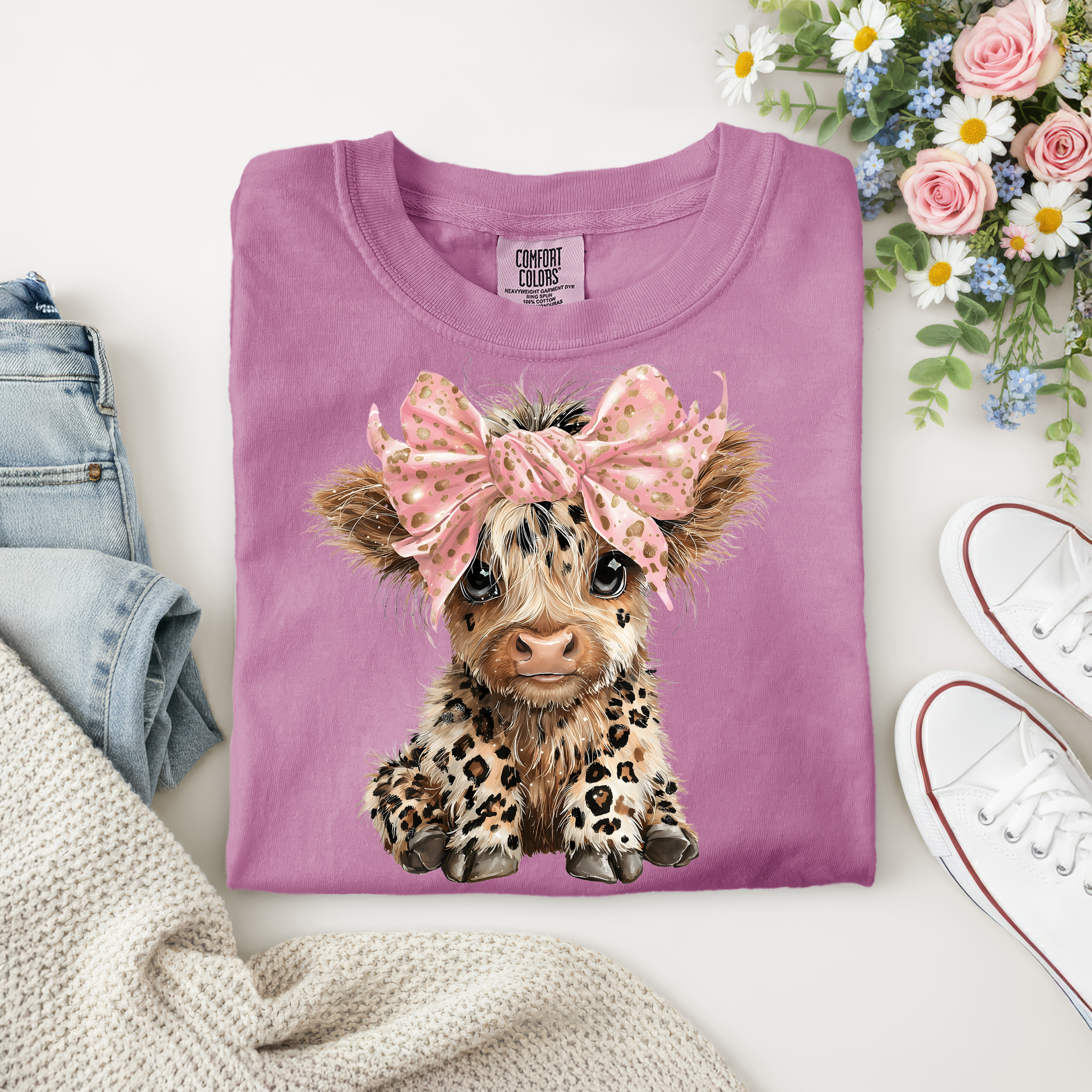 Leopard Print Baby Cow Design – Cute Pink Bow Highland Calf Graphic