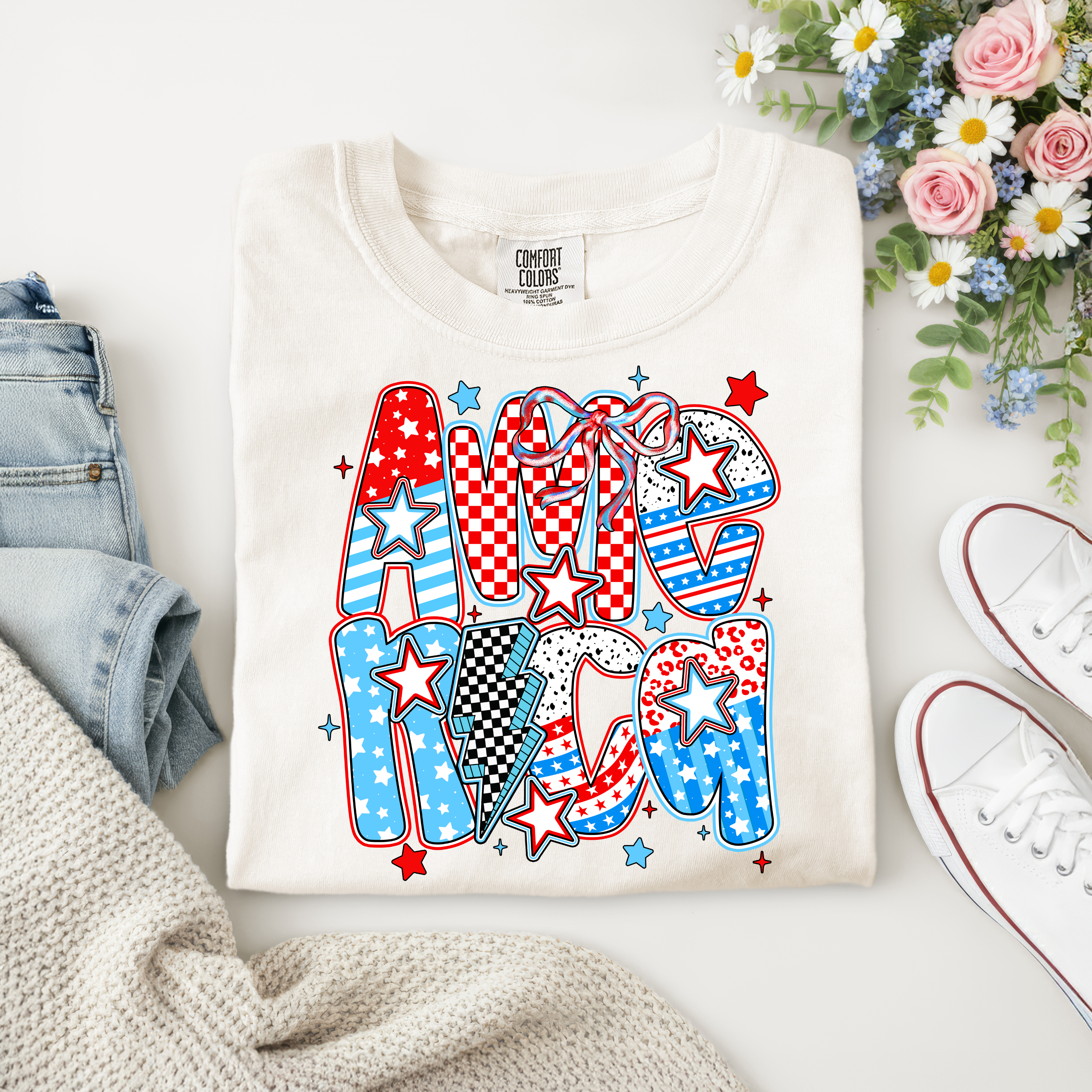 America Patriotic Bow Shirt | Trendy Coquette Fourth of July Graphic Tee