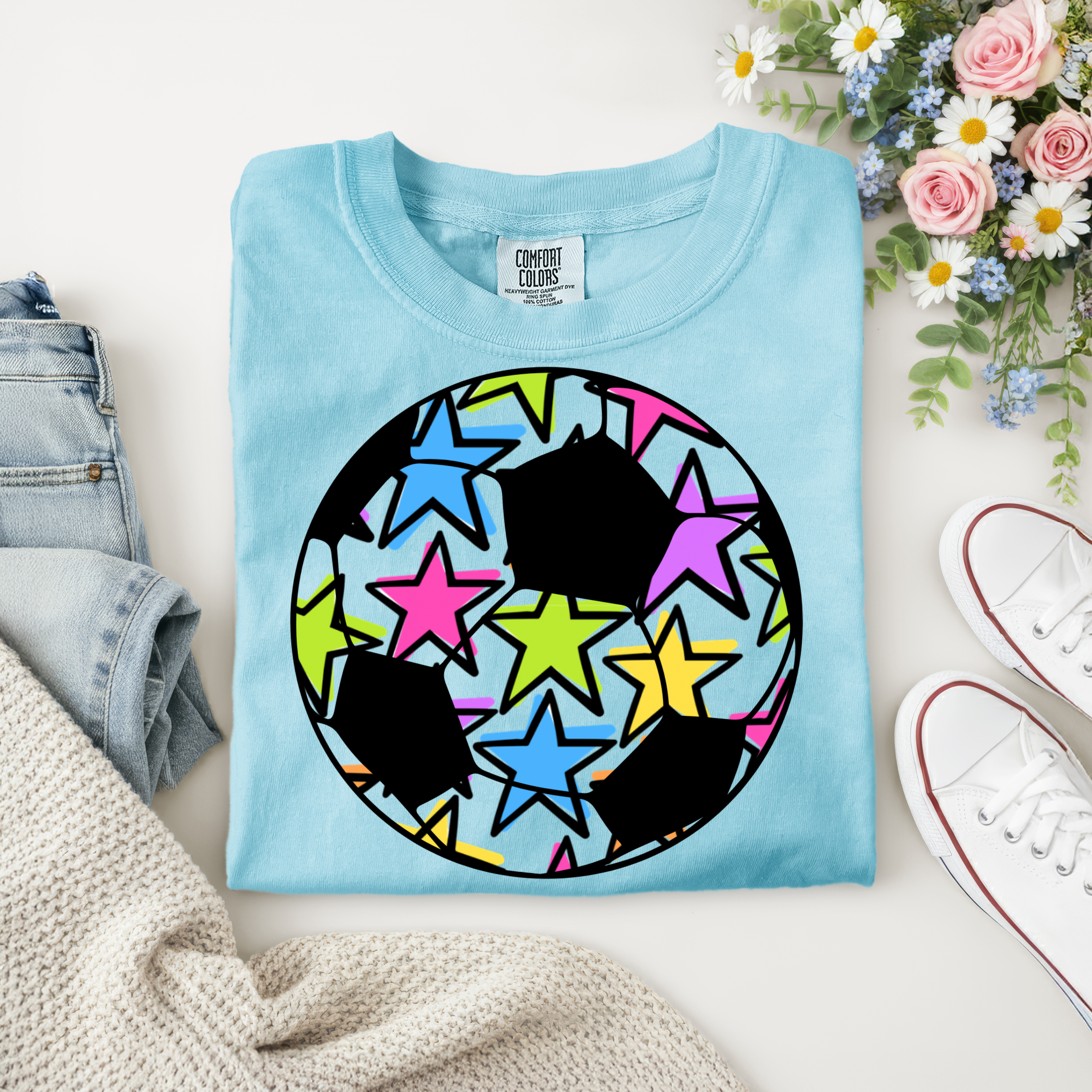 Vibrant Soccer Star Pattern – Multicolor Soccer Ball Graphic