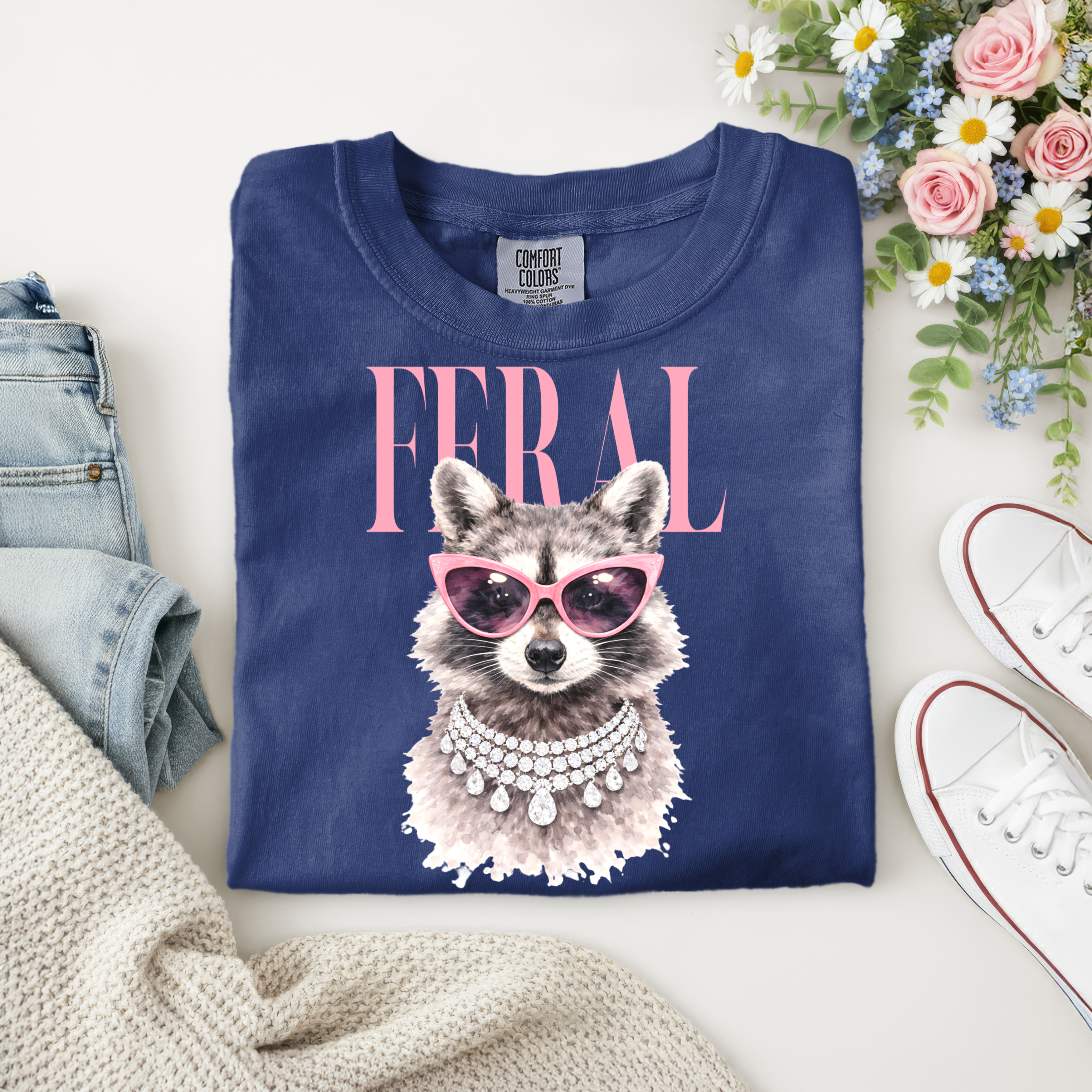 Feral Raccoon Graphic – Pink Sunglasses & Pearl Necklace Funny Animal Design