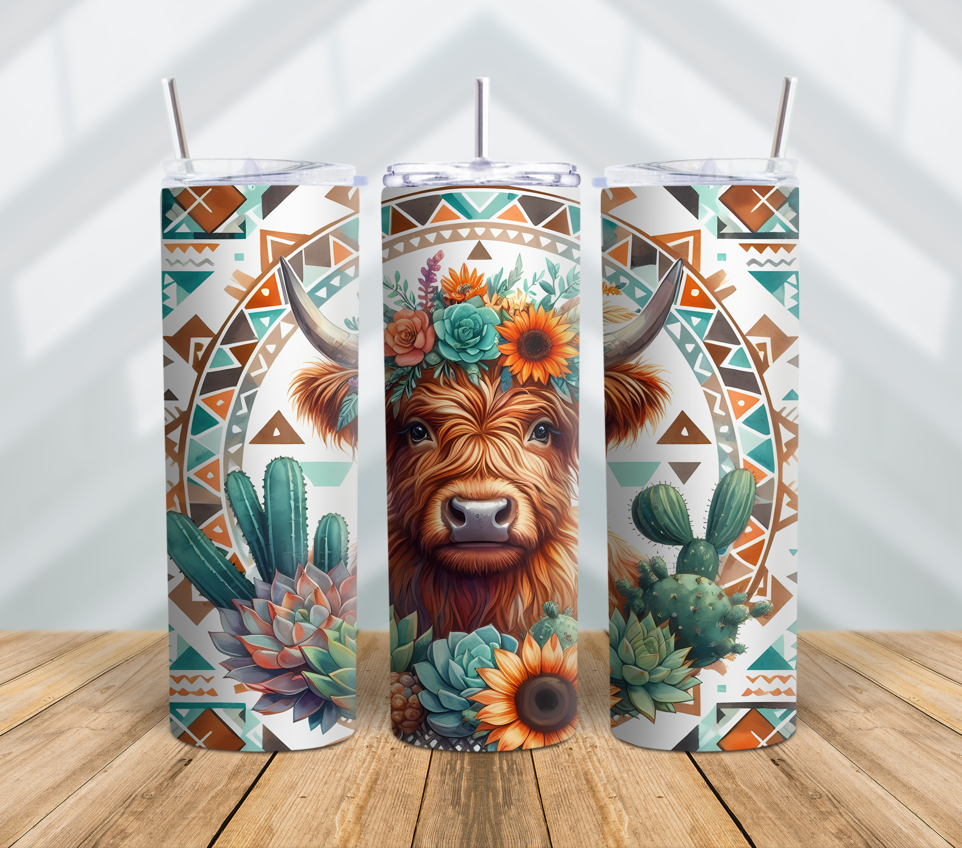 Highland Cow Western 20oz Tumbler – Boho Sunflower Cow Print, Tribal Aztec