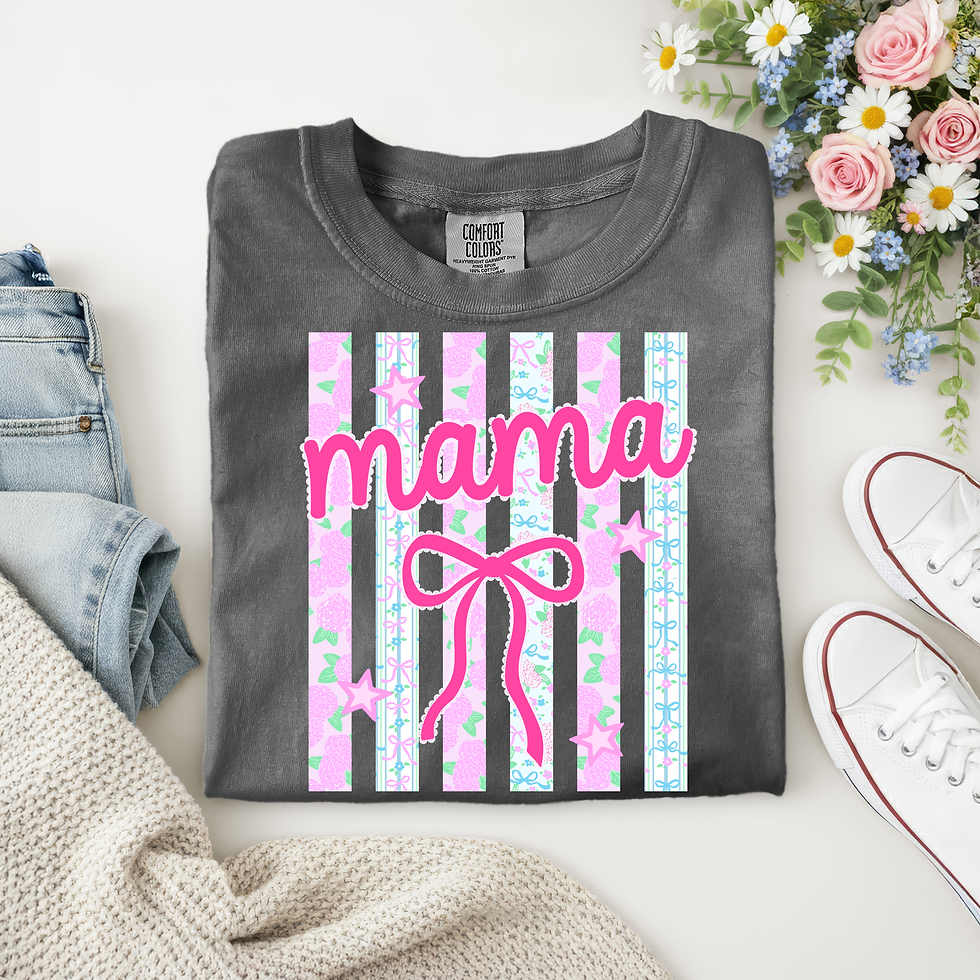 Striped Floral Mama Tee – Retro Pink Bow Graphic Shirt (Mama, Mimi, Gigi, Nana)