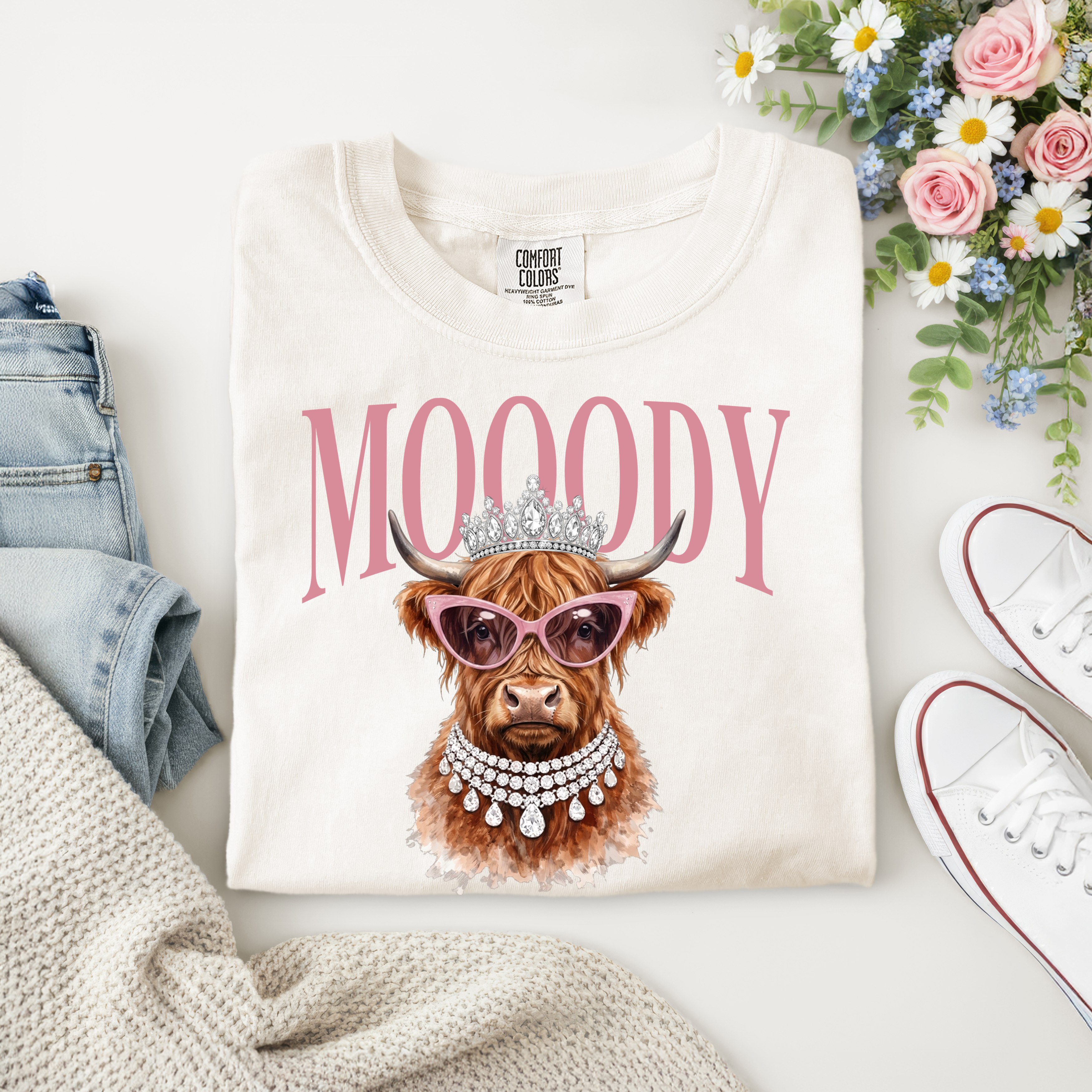 Moody Vogue Cow Shirt  – Pink Sunglasses – Cute Western Graphic Tee for Women
