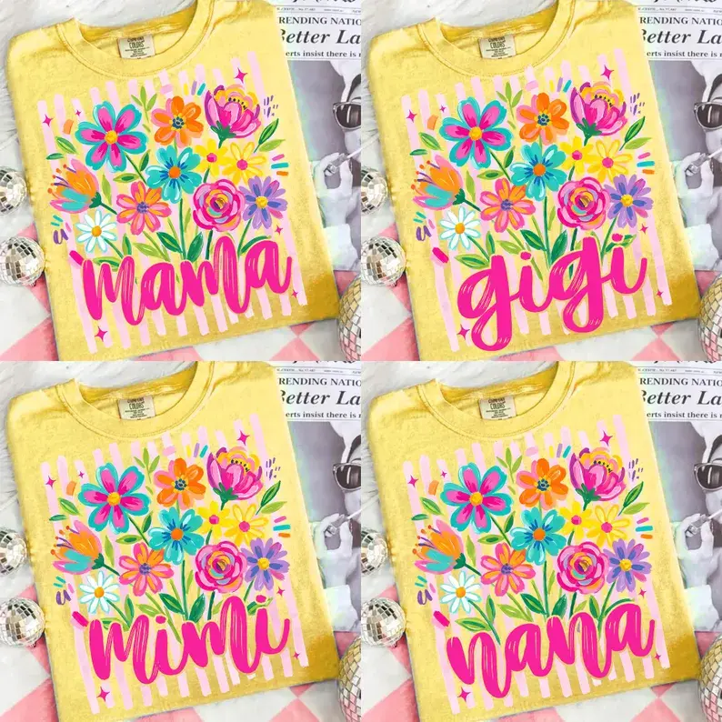 Floral Family Title Shirt – Mama Gigi Mimi Nana Tee – Spring Flower Graphic Gift